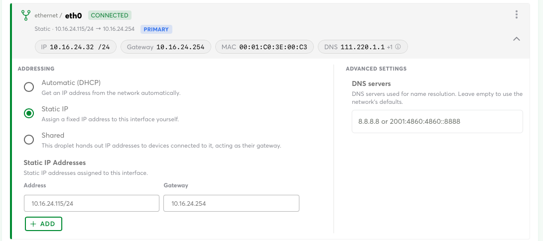 Expanded interface showing DHCP, Static IP and Shared addressing options