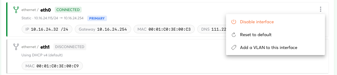 Interface menu with Disable interface, Reset to default and Add a VLAN