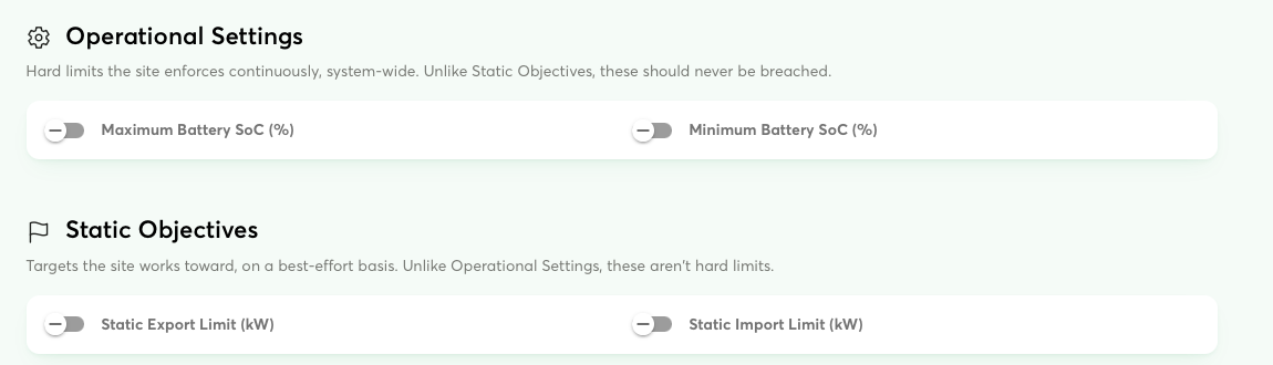 Operational Settings and Static Objectives panels
