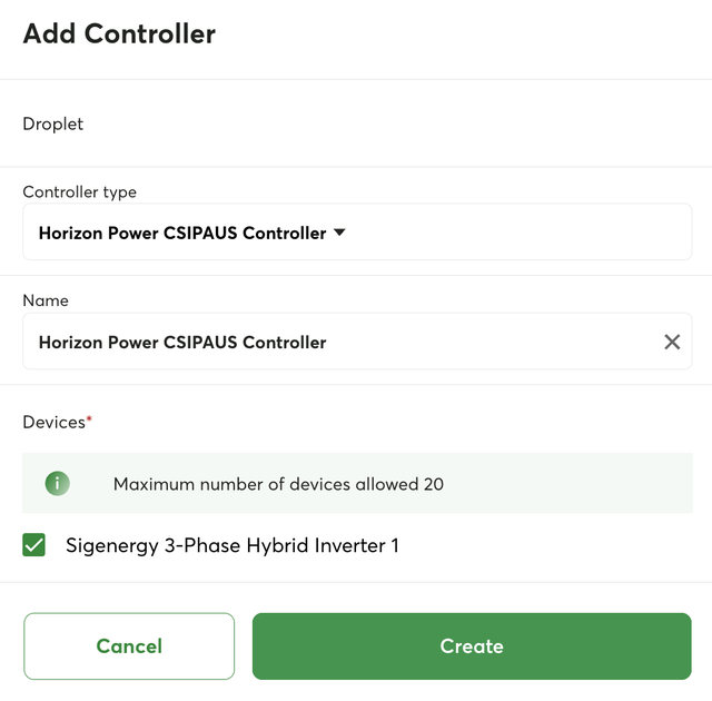 Add Controller screen with Horizon Power CSIPAUS Controller selected